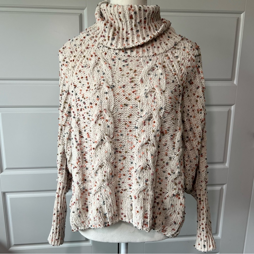 Cable Knit Turtleneck Sweater Confetti Speckled Pullover‎ Cozy Warm Small